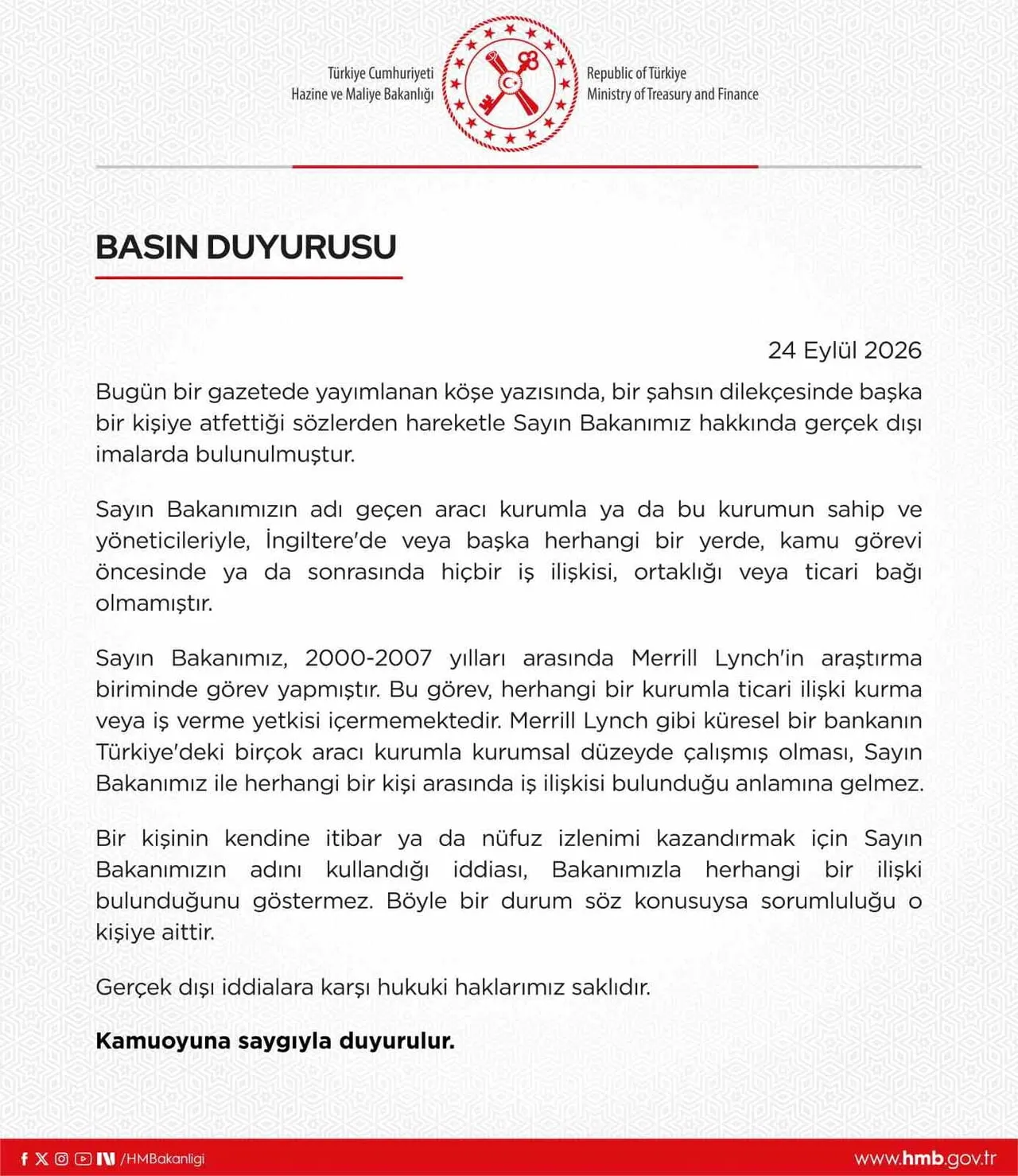 HAZİNE VE MALİYE BAKANLIĞI TARAFINDAN, MEHMET ŞİMŞEK'İN 2000-2007 YILLARI ARASINDA MERRİLL...