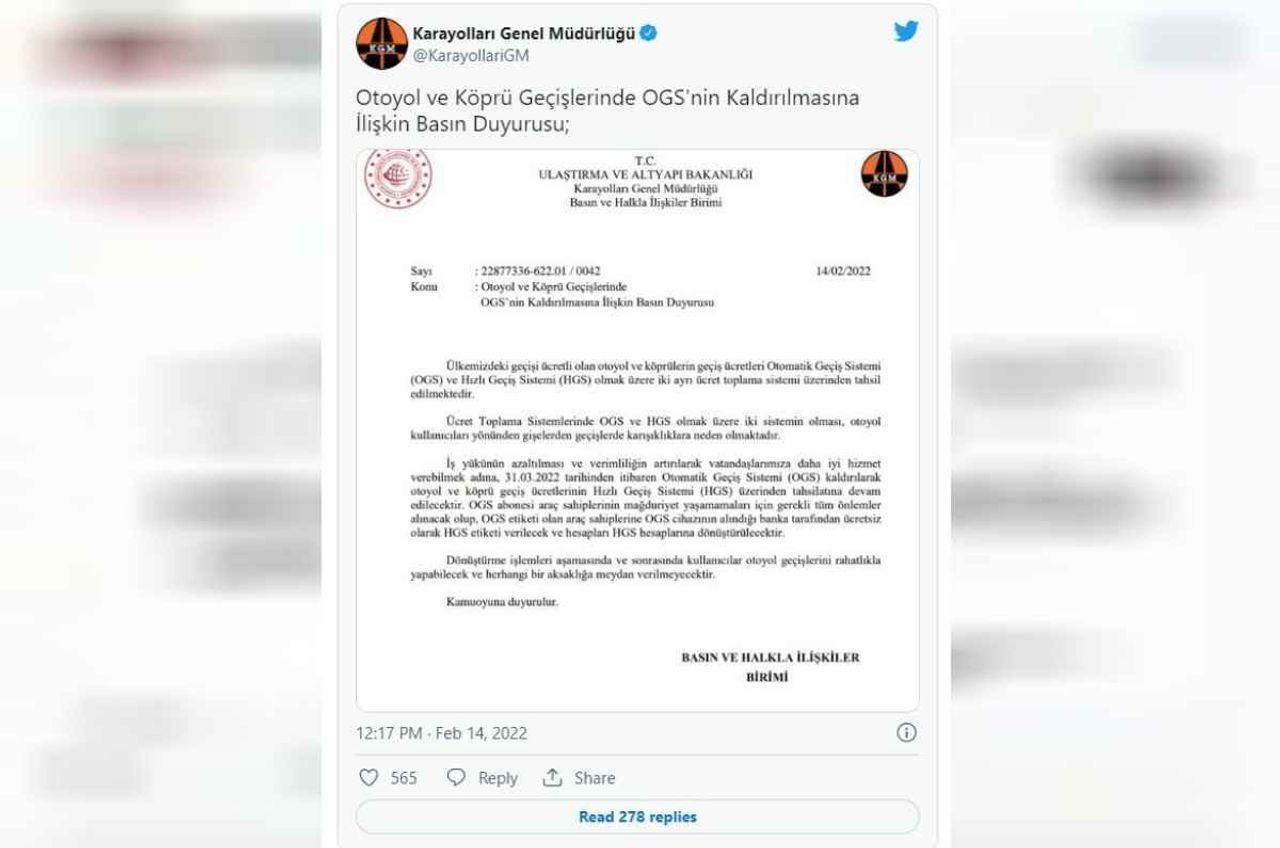 Karayolları Genel Müdürlüğü açıklaması