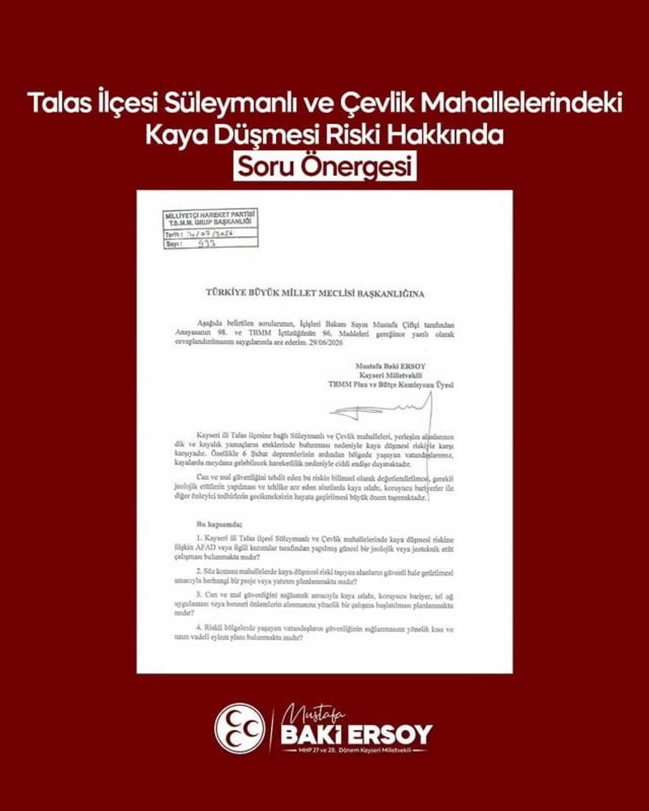 MİLLİYETÇİ HAREKET PARTİSİ (MHP) KAYSERİ MİLLETVEKİLİ BAKİ ERSOY, TALAS İLÇESİNE BAĞLI SÜLEYMANLI...