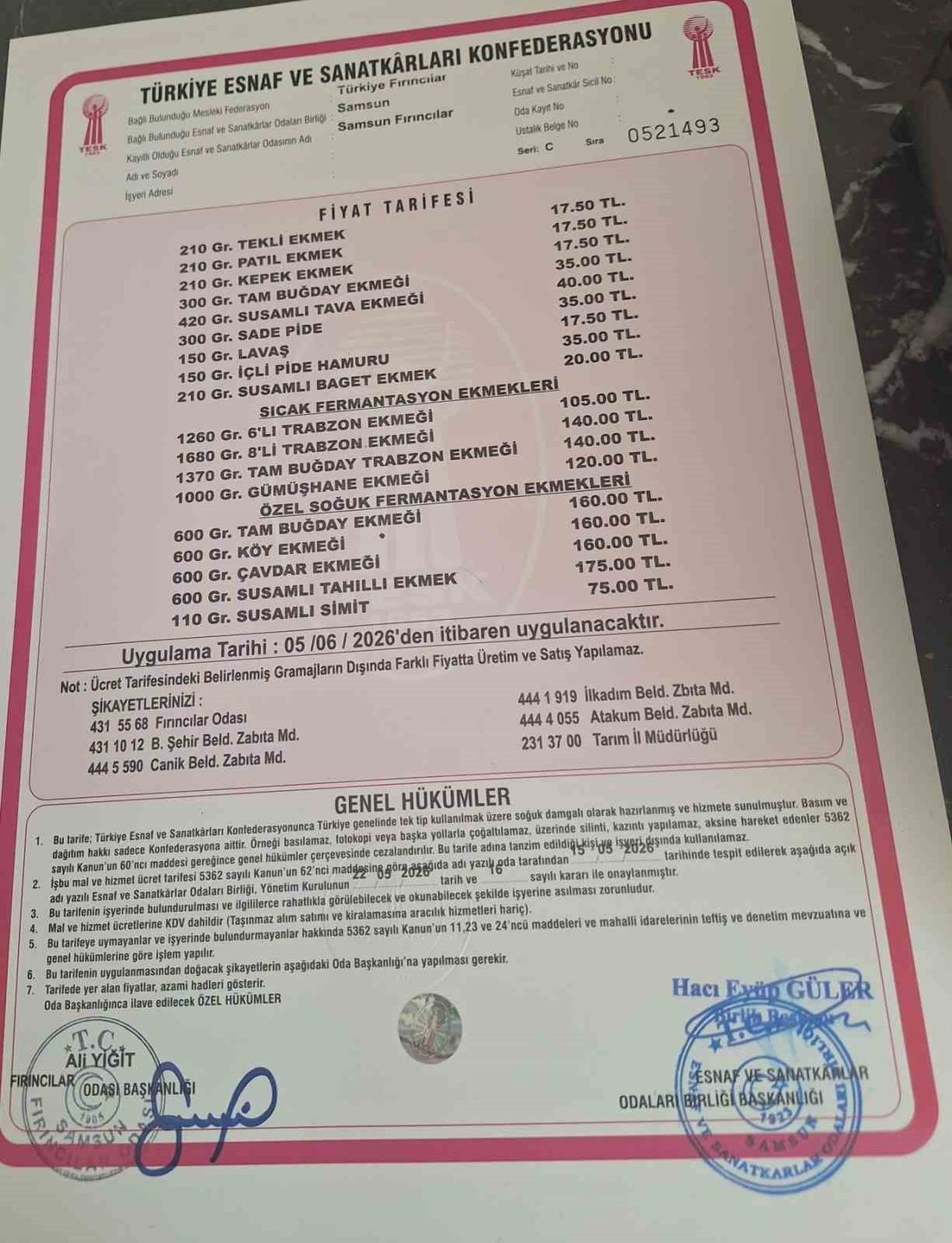 SAMSUN'DA 210 GRAMI 15 TL'DEN SATILAN EKMEĞİN FİYATI 17,5 TL OLDU.