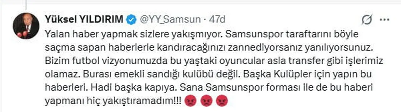SAMSUNSPOR BAŞKANI YÜKSEL YILDIRIM, 36 YAŞINDAKİ ENNER VALENCİA’YI TRANSFER EDECEKLERİ YÖNÜNDEKİ...