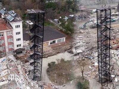 3 dakikada 2 deprem yaşandı: Bina yıkıldı yangın merdiveni ayakta kaldı