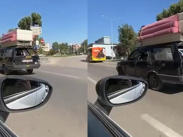 Bursa'da skandal görüntüler: Ehliyetsiz sürücü otomobilin tavanında koltuk taşıdı! Trafikten men edildi
