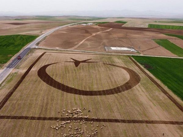 Tarlasına Dev Türk Bayrağı Çizdi