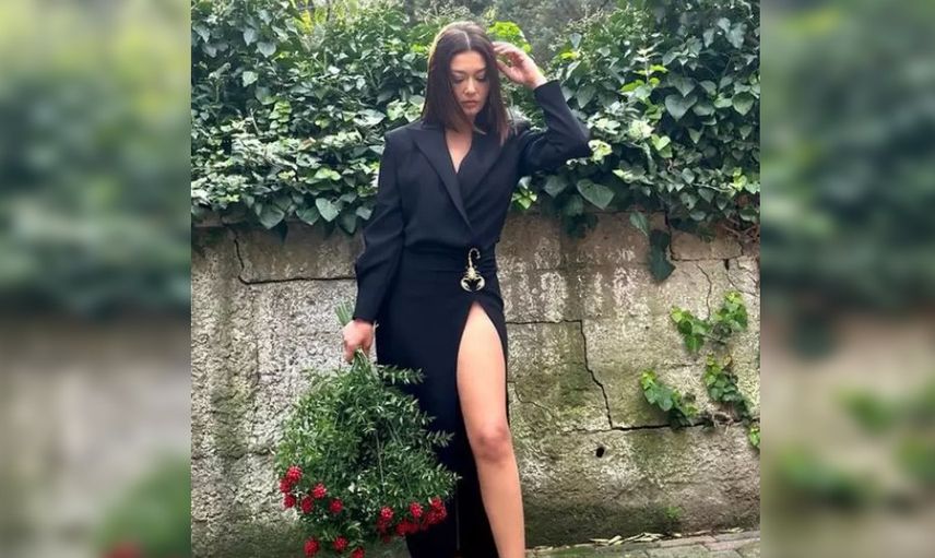 Nurgül Yeşilçay'dan iddialı pozlar: Kasığına kadar açılan yırtmaçlı elbisesiyle olay oldu!