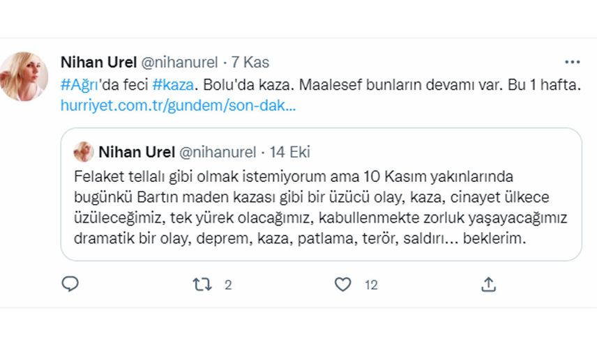 Astroloji uzmanı Nihan Urel'in, Taksim'deki patlamayı günler önceden bildiği tweetler ortaya çıktı