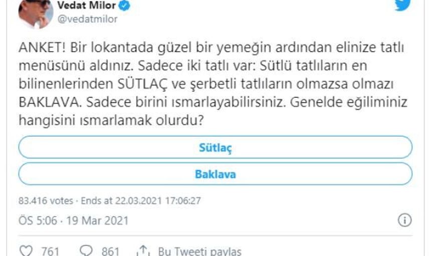 Vedat Milor Baklava mı Sütlaç mı Anketiyle Sosyal Medyayı İkiye Böldü