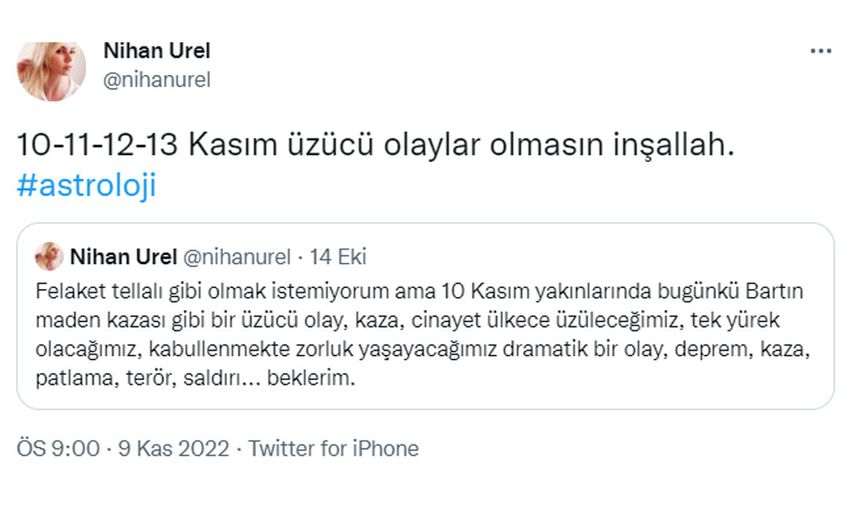 Astroloji uzmanı Nihan Urel'in, Taksim'deki patlamayı günler önceden bildiği tweetler ortaya çıktı