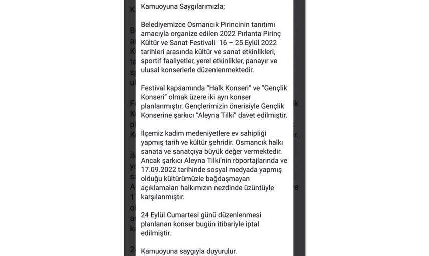 Yaptığı açıklamalar başına bela oldu! Aleyna Tilki'nin konseri iptal edildi! Sosyal medya karara tepki gösterdi