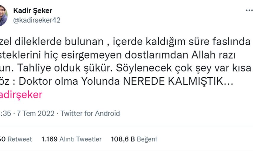 Tahliye olan Kadir Şeker'in paylaşımı kısa sürede binlerce beğeni alırken tepkilerden kaçamadı