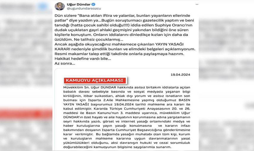Uğur Dündar'ın hakkında açılan babalık davası haberine ilişkin yayın yasağı kararı!