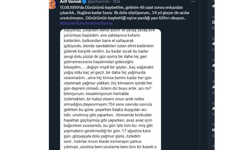Arif Verimli sosyal medya hesabından paylaştı! Dünürü depremde kaybettiğini söyledi