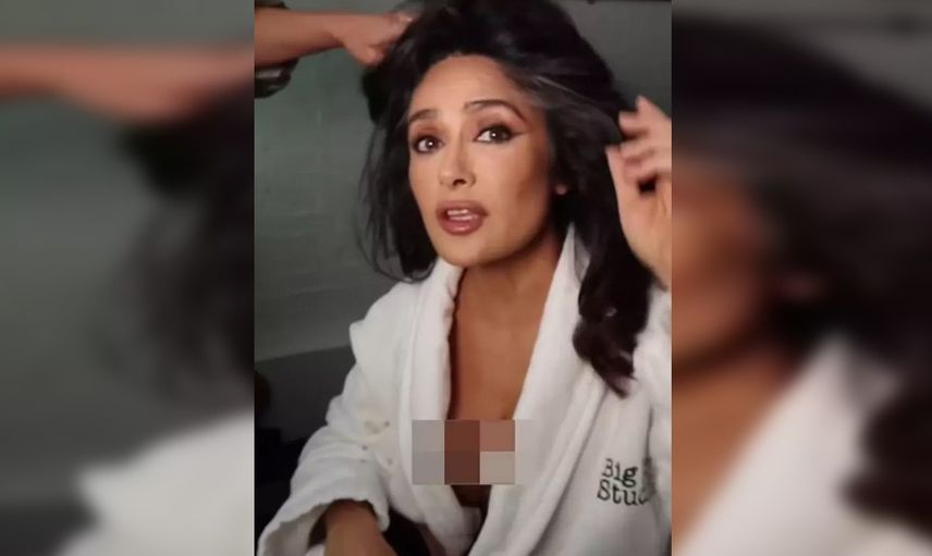 Bornozuyla video çekerken göğsü açıldı! Bakın Salma Hayek o frikiği nasıl sansürledi...