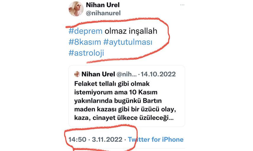 Astroloji uzmanı Nihan Urel'in, Taksim'deki patlamayı günler önceden bildiği tweetler ortaya çıktı