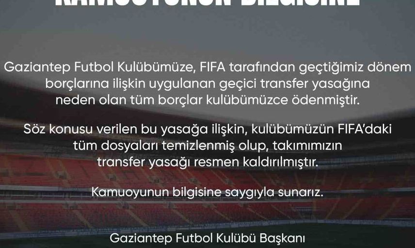 Gaziantep FK transfer yasağını kaldırdı