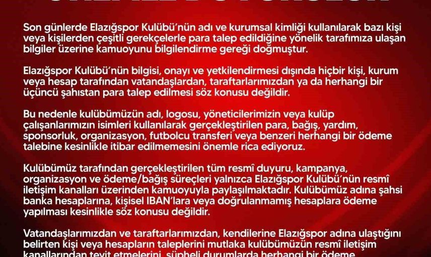 Elazığspor'dan dolandırıcılık uyarısı: resmi hesaplara dikkat edin