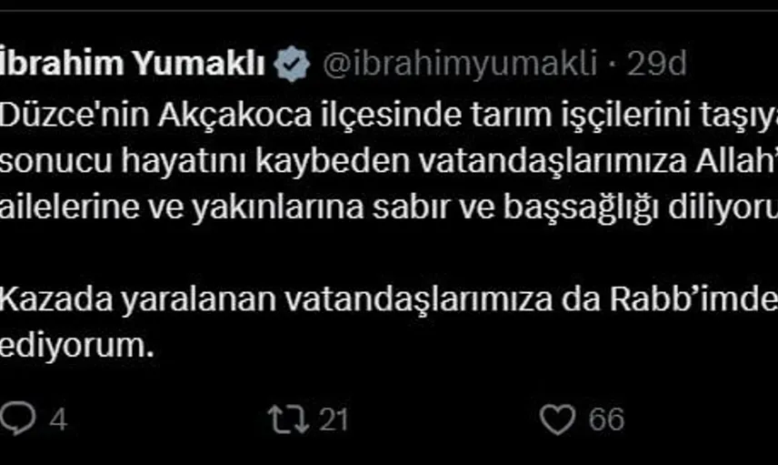 Düzce'deki kaza sonrası bakan yumaklı'dan başsağlığı mesajı