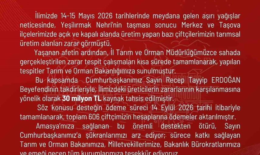 Amasya'da çiftçilere 30 milyon TL'lik destek ödemesi yapıldı