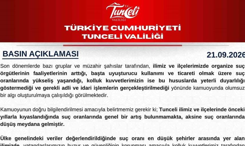 Tunceli Valiliği suç oranlarını değerlendirerek kamuoyunu bilgilendirdi
