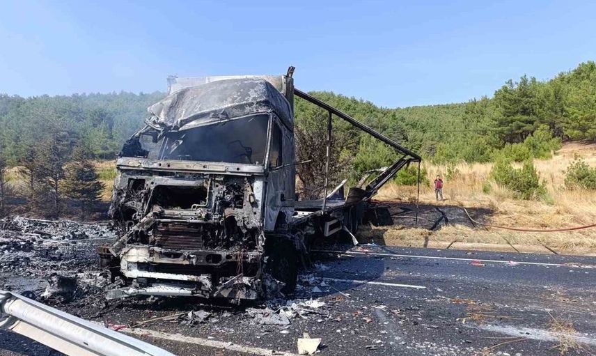 Alkol yüklü tır devrildi, alevler yol kenarını sardı