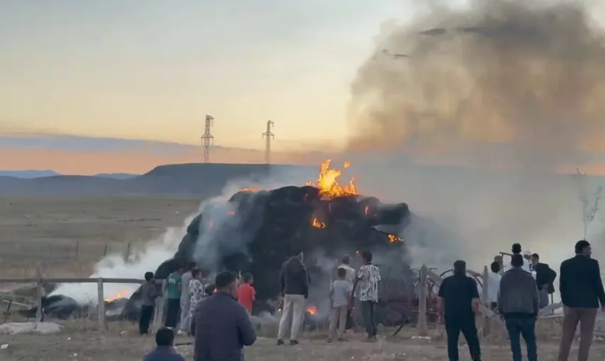 Erzurum'da ot balyası yangını: 800 balya alevlere teslim oldu