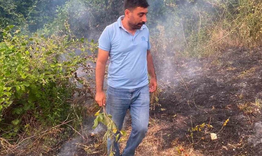 Düzce’nin Akçakoca ilçesinde fındıklıkta çıkan yangın muhtarın müdahalesiyle söndürüldü