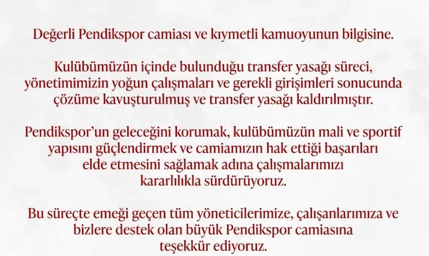 Pendikspor'un transfer yasağı sona erdi, yeni hedeflere doğru ilerliyor