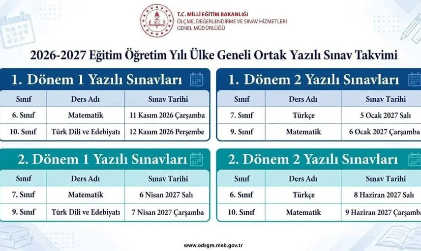 2026-2027 eğitim öğretim yılında ortak yazılı sınavlar için tarih ve dersler belirlendi