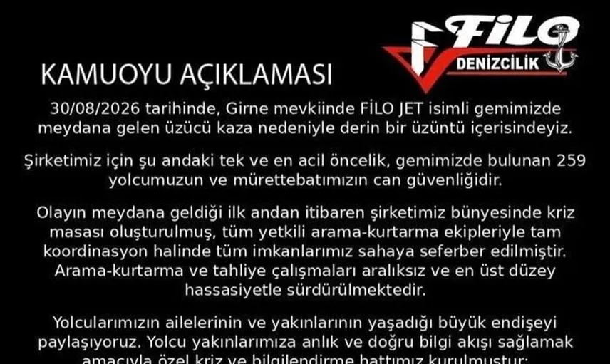 Filo Denizcilik'ten Girne açıklarındaki kaza sonrası yolcu yakınlarına destek hattı
