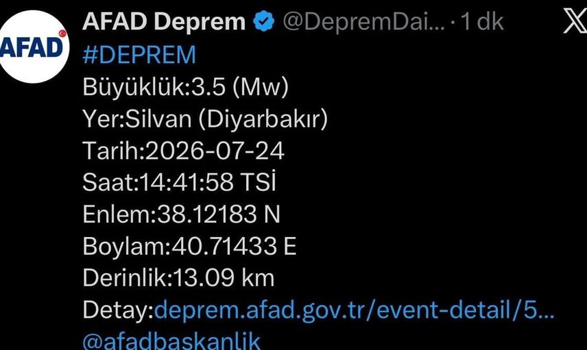 Diyarbakır’da 3.5 büyüklüğünde deprem meydana geldi