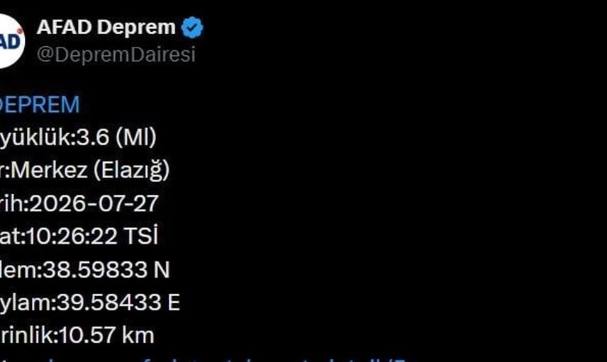 Elazığ'da 3.6 büyüklüğünde deprem meydana geldi