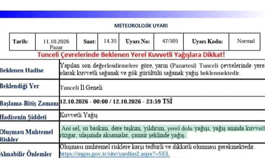 Tunceli için gök gürültülü sağanak yağış uyarısı yapıldı