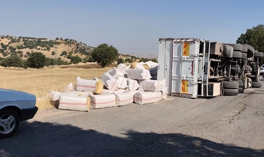Diyarbakır'da saman yüklü kamyon yoldan çıktı: Yaralı yok