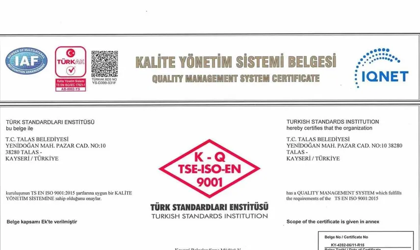 Talas Belediyesi’nin 20 yıllık kalite yolculuğu tescillendi