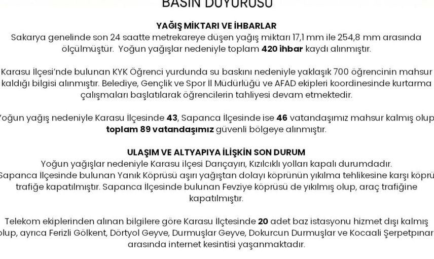 Sakarya'daki kuvvetli yağış sonrası yapılan müdahaleler ve bilanço açıklandı