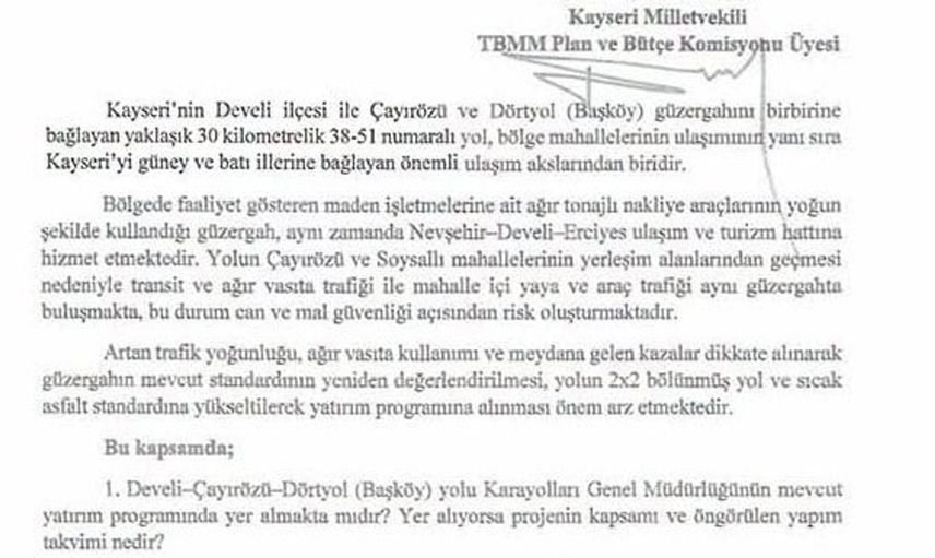 Baki Ersoy, Develi-Çayırözü-Dörtyol yolu için ulaşım güvenliği çağrısında bulundu