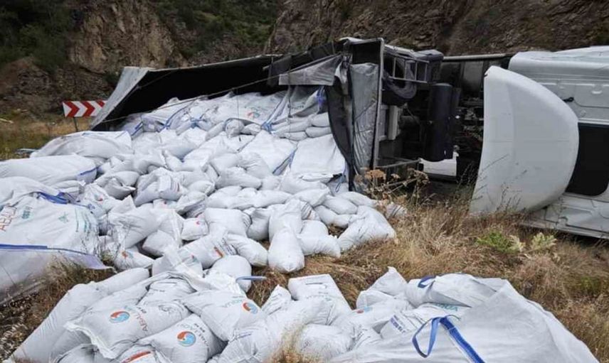Gümüşhane’de balık yemi yüklü tır devrildi: Sürücü yaralandı