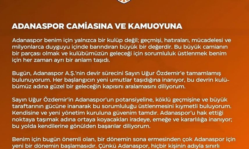 Adanaspor'un yeni sahibi Uğur Özdemir, kulübü devraldı