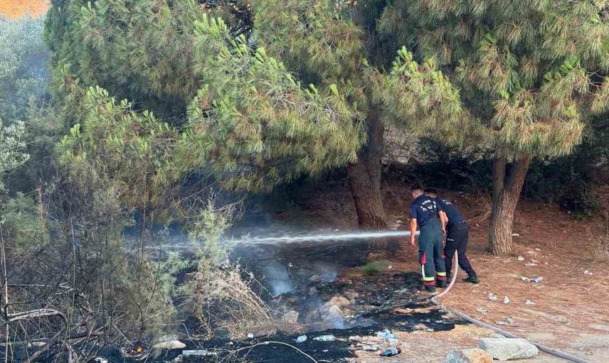Kuşadası'nda ağaçlık alanda çıkan yangın itfaiye ekiplerince söndürüldü