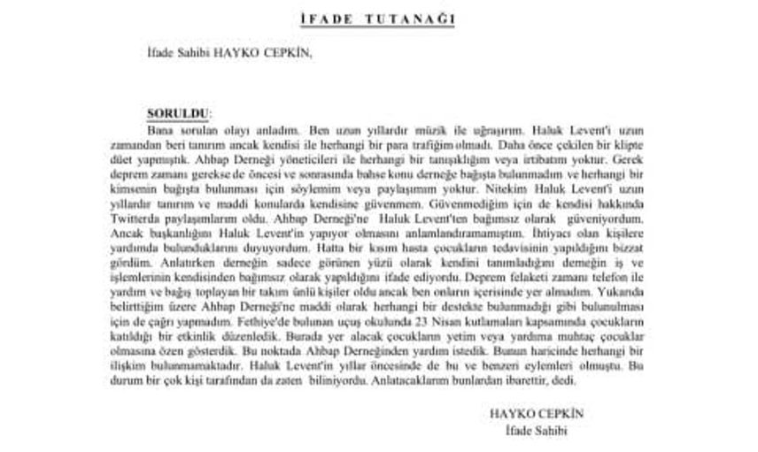 Hayko Cepkin'in resmi yazışmalara göre ifade verdiği ortaya çıktı
