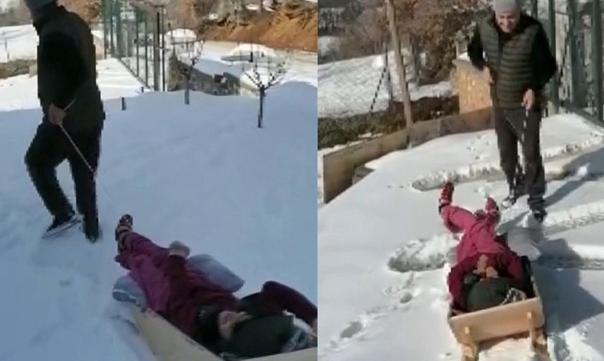 Bursa'nın Osmangazi İlçesinde Bir Köy Muhtarı Engelli Kız İçin Kızak Yaptı!