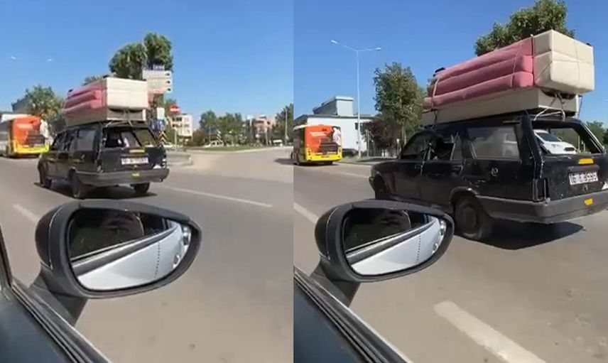Bursa'da skandal görüntüler: Ehliyetsiz sürücü otomobilin tavanında koltuk taşıdı! Trafikten men edildi