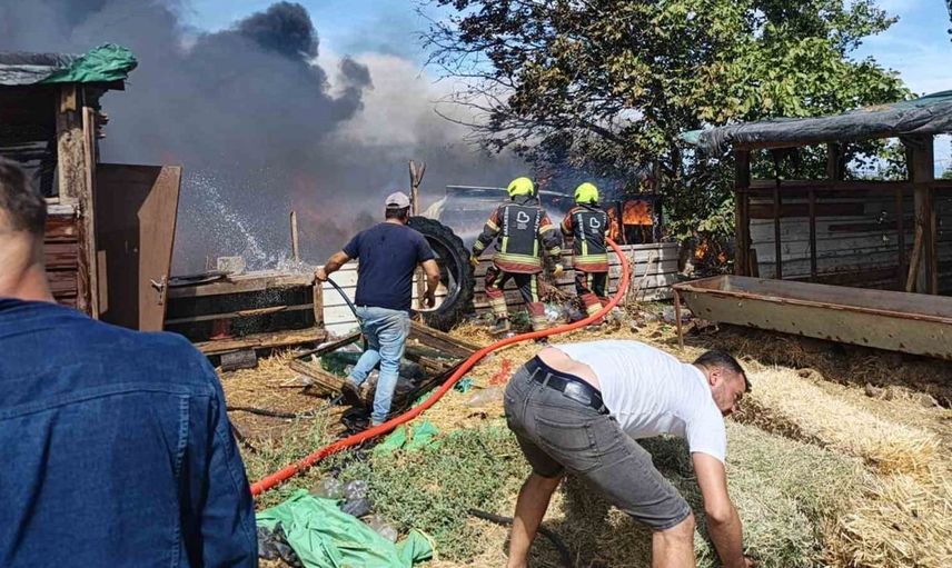 Burhaniye'de çıkan yangın, ahırda panik yarattı