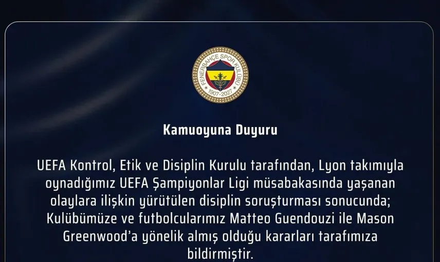 Fenerbahçe'den UEFA'nın disiplin kararına ilişkin önemli açıklama