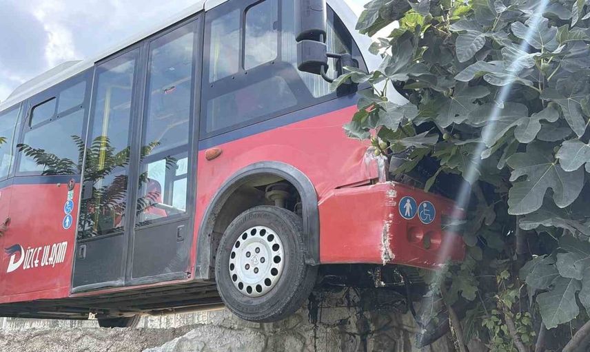 Köpeklere çarpmamak için manevra yapan otobüs bahçe duvarına çarptı