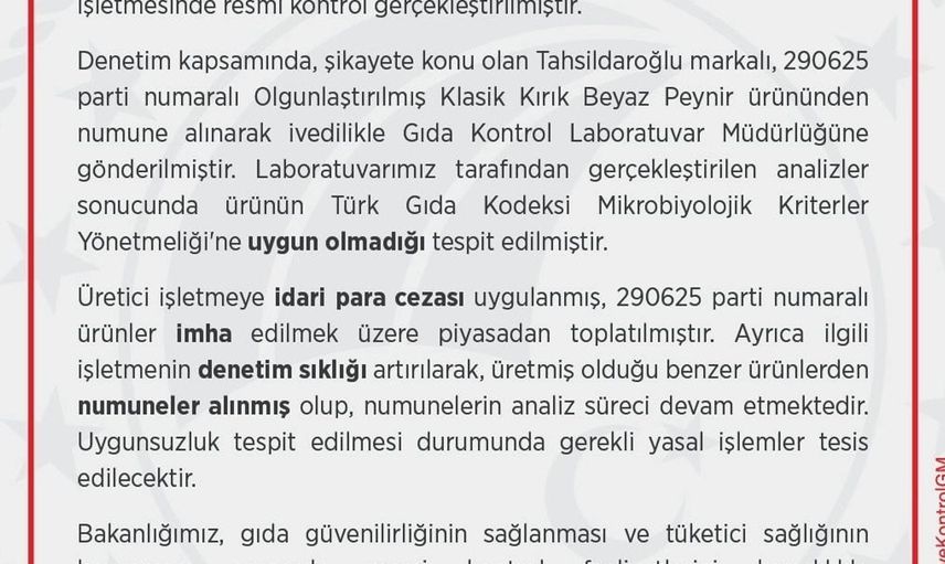 Tahsildaroğlu markalı beyaz peynir piyasadan toplatıldı