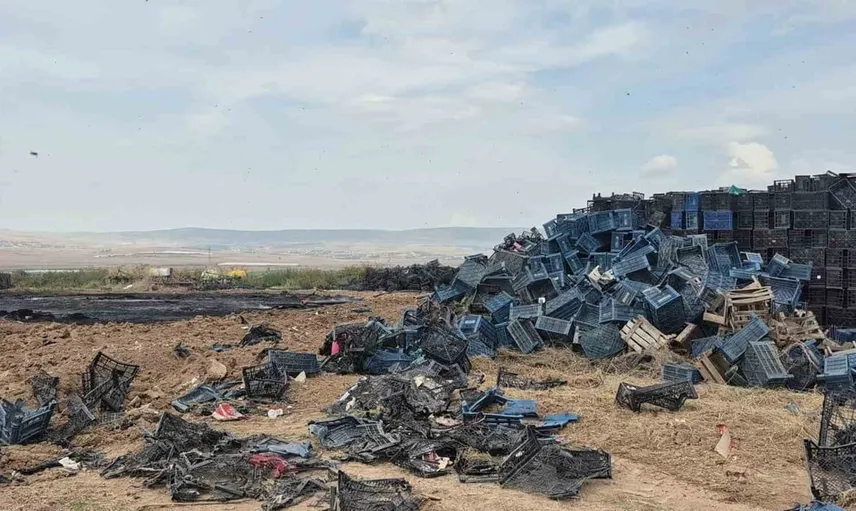 Eskişehir'de açık alanda yangın: binlerce plastik kasa kullanılamaz hale geldi