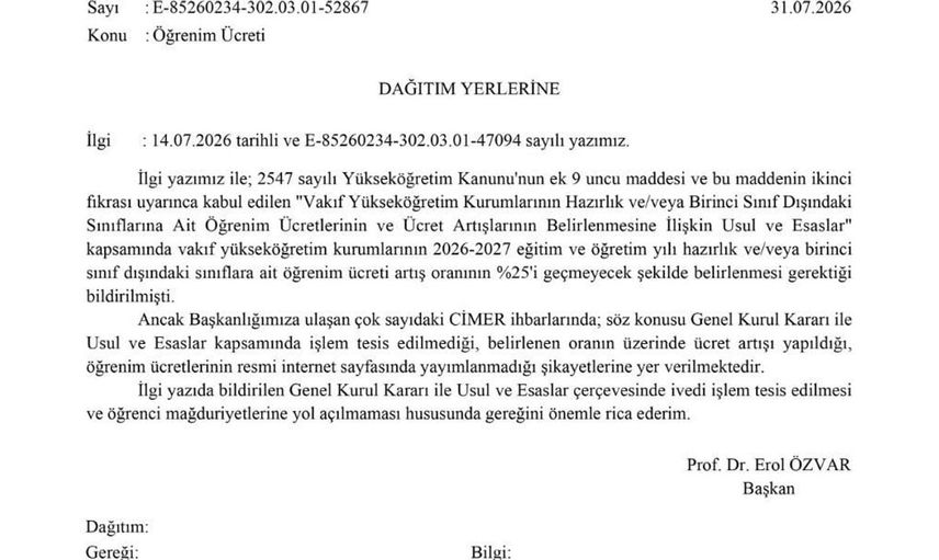 YÖK'ten vakıf üniversitelerine öğrenim ücreti artışı uyarısı