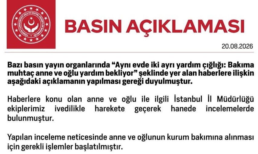 Bakanlık bakıma muhtaç anne ve oğlunun durumu ile ilgili süreç başlatıldığını duyurdu