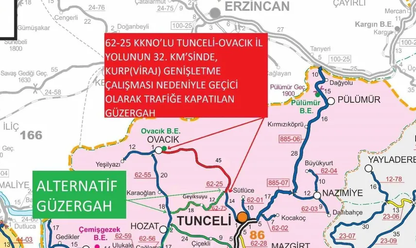 Tunceli-Ovacık yolunda bakım çalışması nedeniyle ulaşım duracak